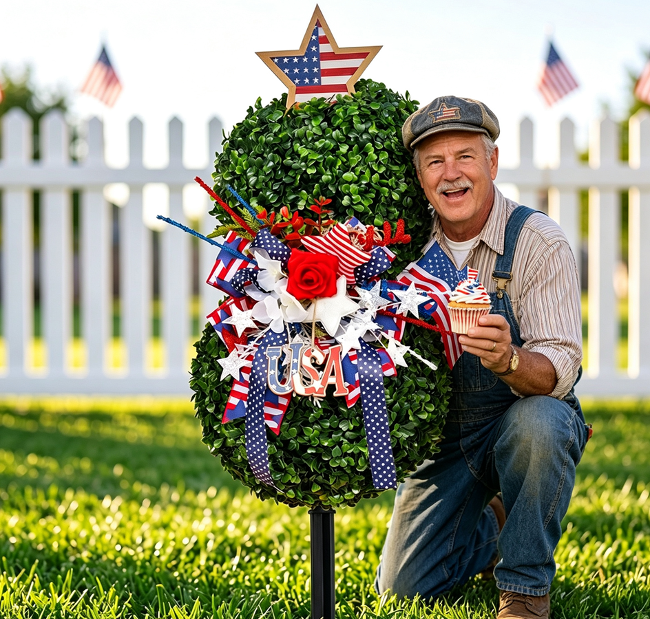 Patriotic Boxwood Topiary Yard Decor