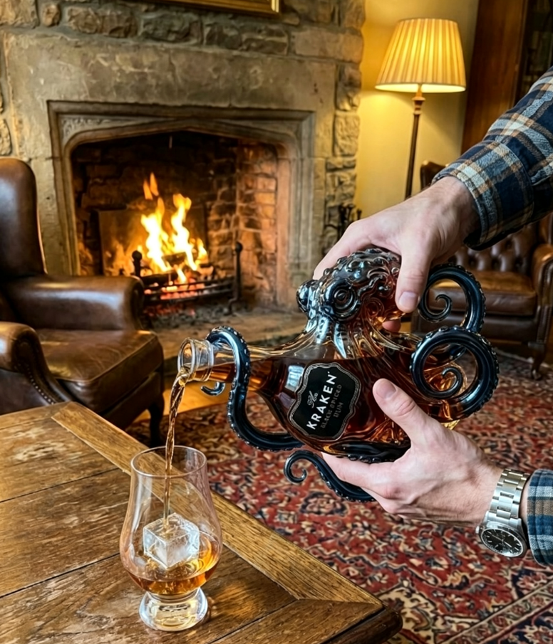 The Kraken Black Spiced Rum Octopus Whiskey Bottle