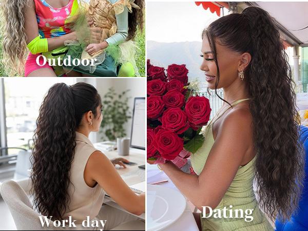 ORSUNCER Hair Extension Claw Ponytail Long Wavy Ponytail Extension Black Brown 30 Inch Curly Clip Ponytail in Hair Extensions For Women Fluffy Natural Looking Synthetic Hairpiece for Daily Use Easy To Go