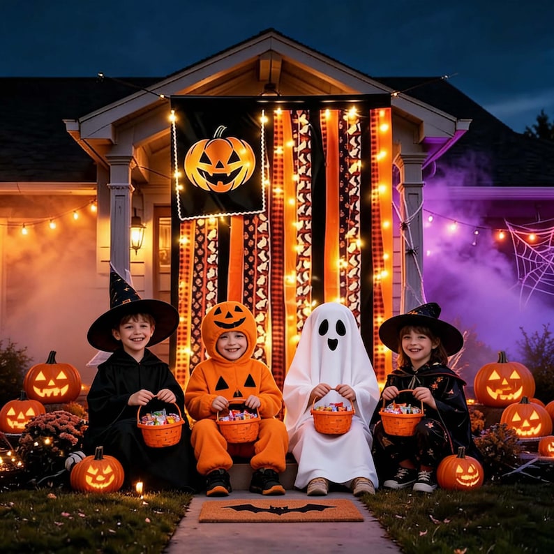 May include: Four children in Halloween costumes, including a witch, a pumpkin, and a ghost, sit on a porch holding orange plastic candy buckets. A large black and orange banner with a pumpkin graphic hangs behind them, illuminated by string lights.