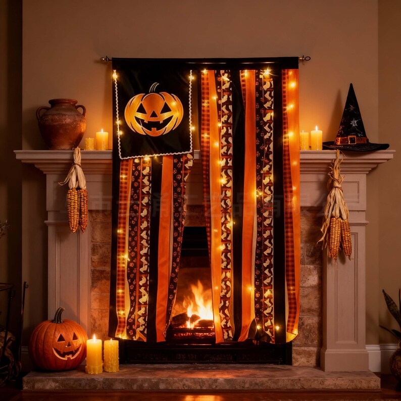 May include: A Halloween fireplace valance featuring a black panel with a jack-o'-lantern graphic, alternating orange and black striped fabric strips, and integrated warm white string lights hanging over a fireplace mantel.