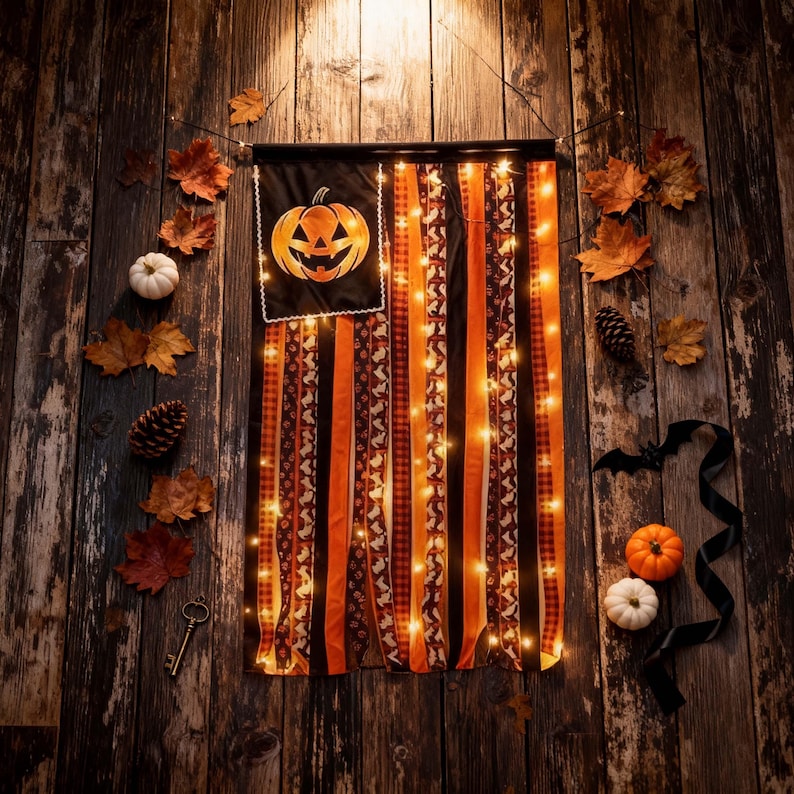 May include: A decorative wall hanging featuring a black fabric square with a jack-o'-lantern graphic, suspended above vertical fabric ribbons in orange, black, and patterned designs, illuminated by a string of warm white fairy lights.