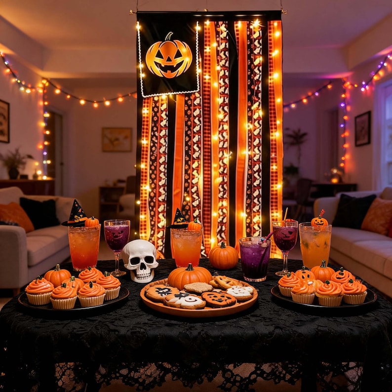 Halloween Pumpkin Tassel Door Curtain - Spooky Orange & Black Striped Fabric Panel with Fairy Lights for Fall Home Decor image 5