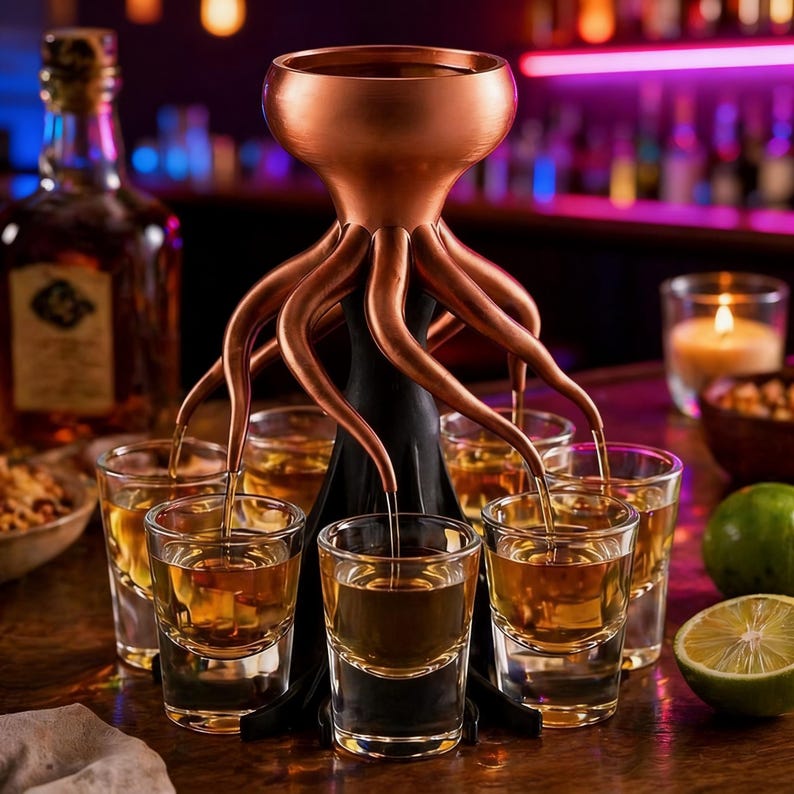 May include: A copper-colored octopus-shaped shot glass dispenser with eight tentacles, pouring liquor into clear shot glasses. The dispenser sits on a wooden surface, with a bottle of liquor in the background.