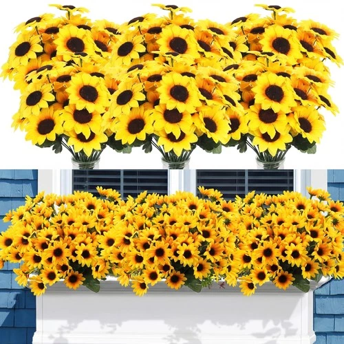 24 Bundles Yellow Sunflower Faux Mums for Outdoor Artificial Flower with Stem... - Picture 1 of 8