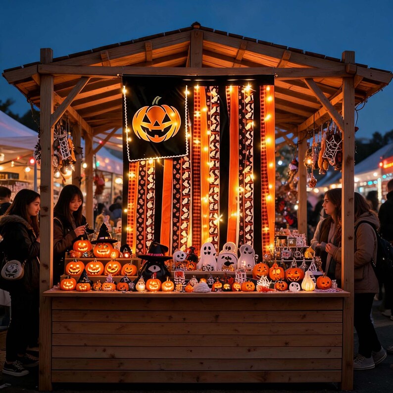 May include: A wooden market stall decorated for Halloween, featuring a black banner with an orange jack-o'-lantern graphic, vertical orange and black fabric ribbons, and string lights. The counter displays numerous small orange pumpkin figurines.