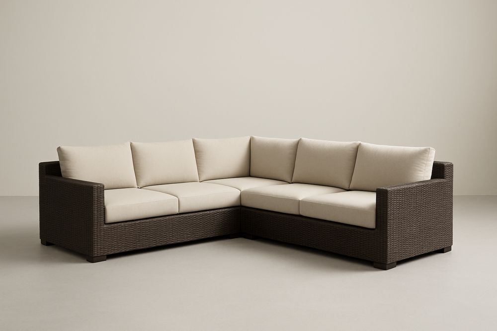 Sötétbarna szintetikus rattan kerti sarokkanapé bézs párnákkal, acél vázzal, 210×210×75 cm