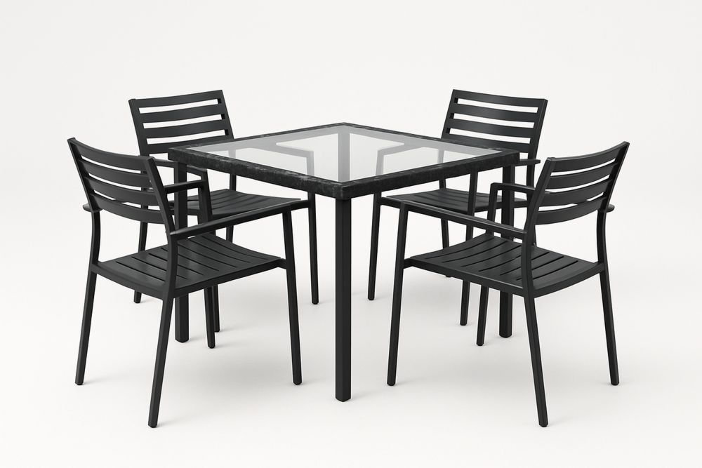 Kültéri Étkezőkészlet Üveg Asztallal és Fém Székekkel, Fekete