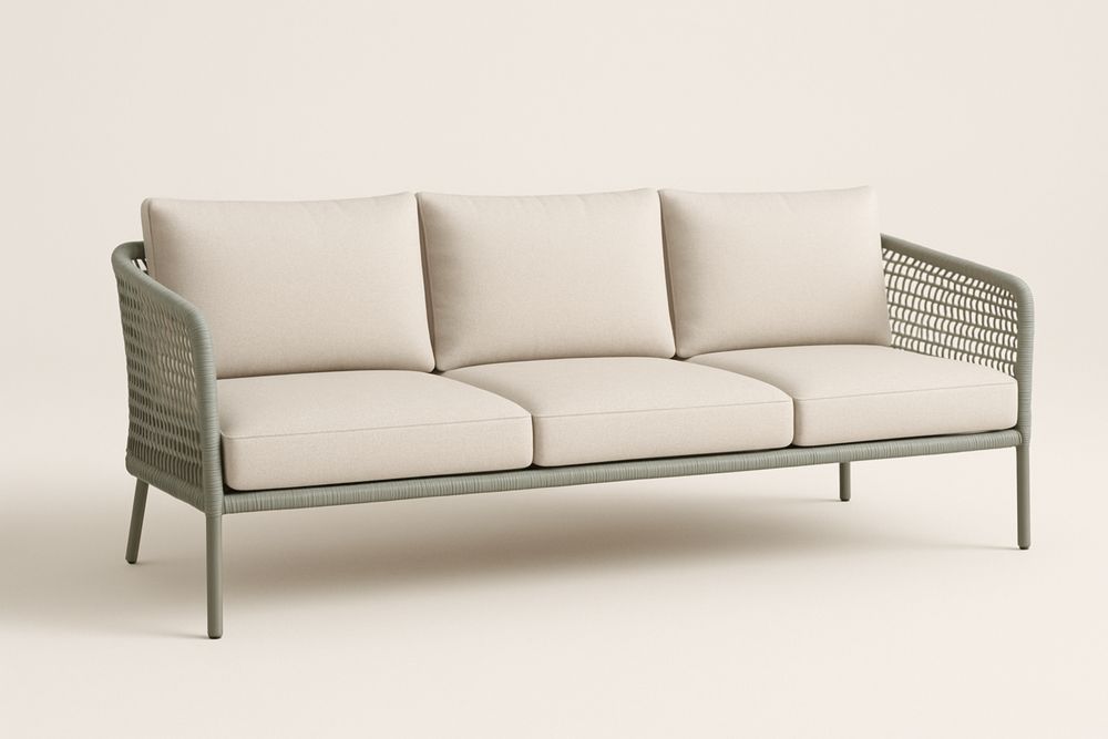 Krém színű, fonott polietilén kötéssel készült alumínium vázas kanapé, levehető poliészter huzattal és poliuretán habpárnával, 210×85×75 cm