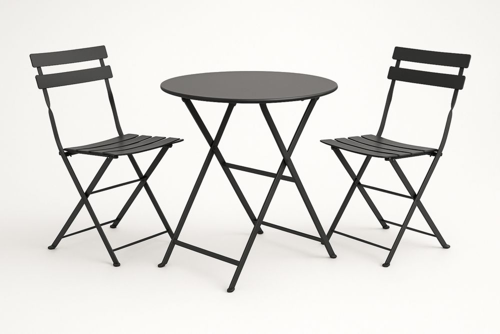 Fém kerti bútorszett kerek asztallal és összecsukható székekkel, fekete