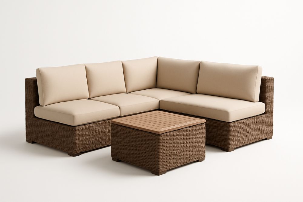 Fonott műrattan kerti sarokkanapé szett fém vázzal és asztallal, poliészter párnákkal