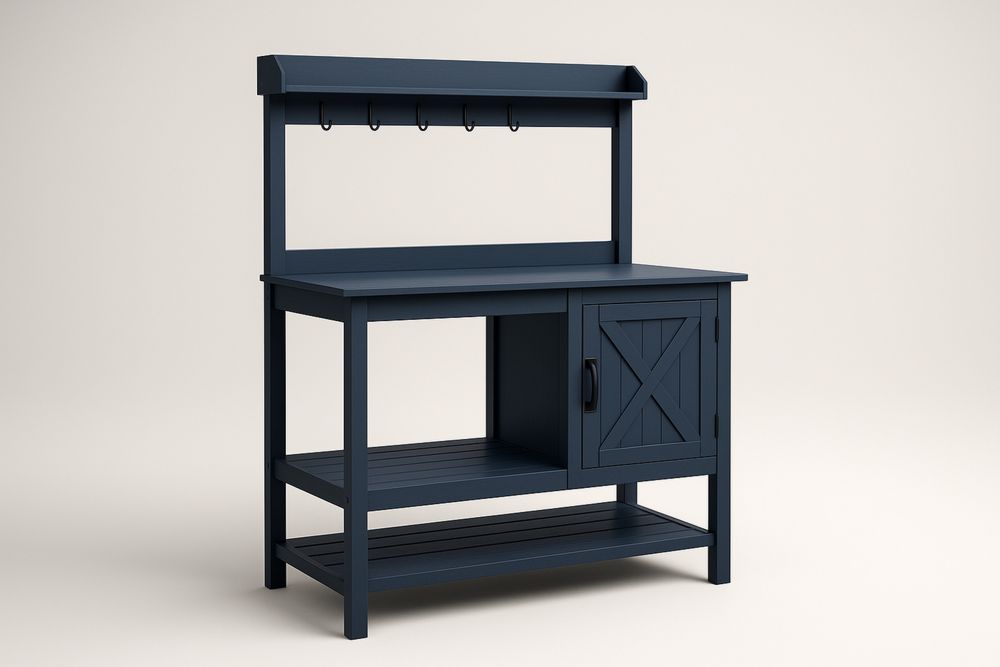 Kerti ültető asztal akasztókkal, tárolópolcokkal és zárt szekrénnyel, kültéri fa növényápoló asztal