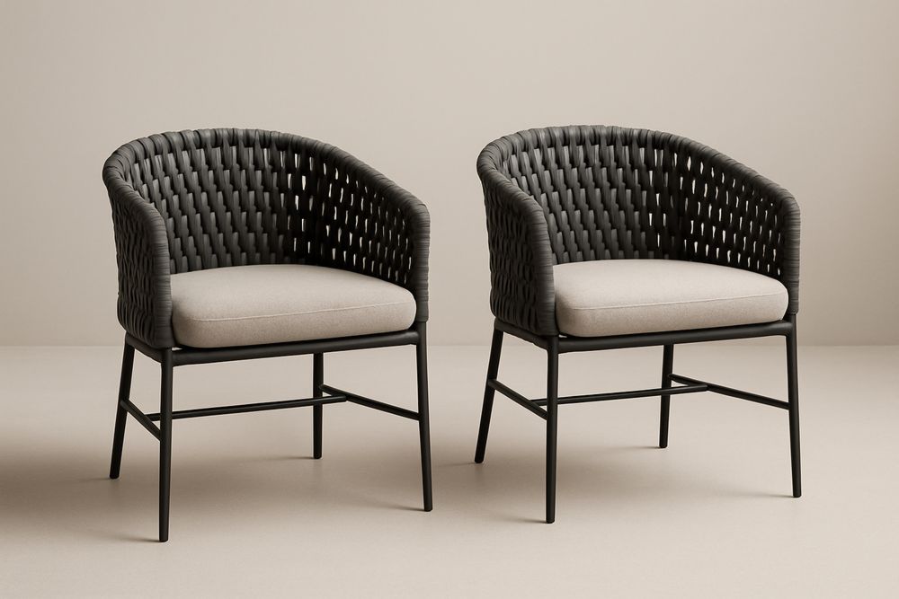 Kültéri pihenő szék szett 2 darab, fonott anyag, fém keret, bézs ülés