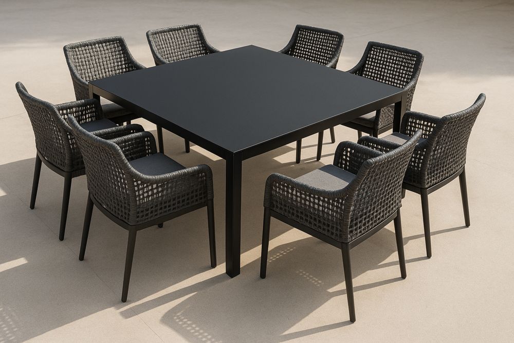 Négyszögletes kültéri étkezőasztal nyolc székkel alumínium és szintetikus rattan fekete