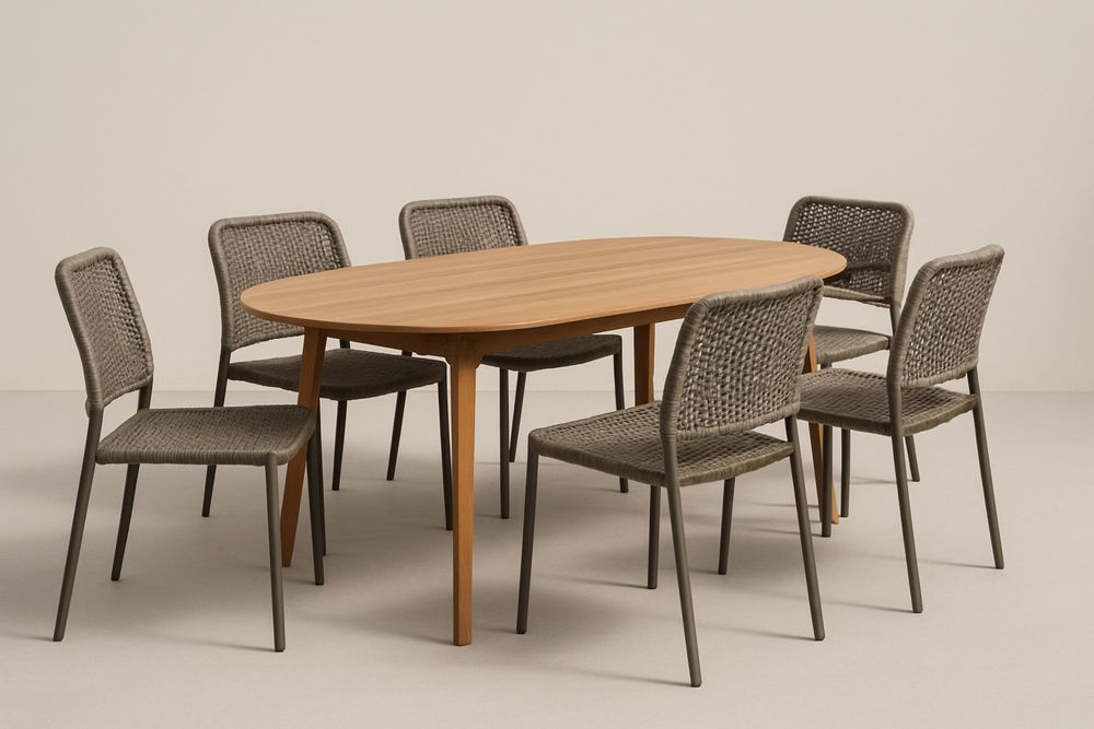 Ovális fa étkezőasztal és fémszék készlet 6 darab