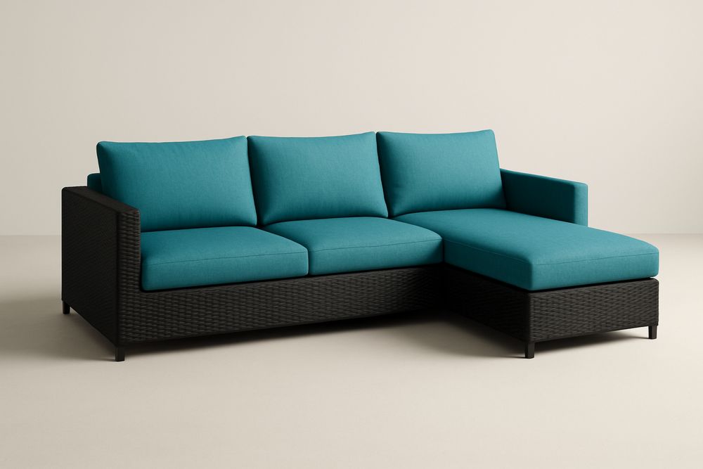 Fekete/kék PE műrattan kerti kanapé acél vázzal és poliészter párnákkal, 230×150×85 cm