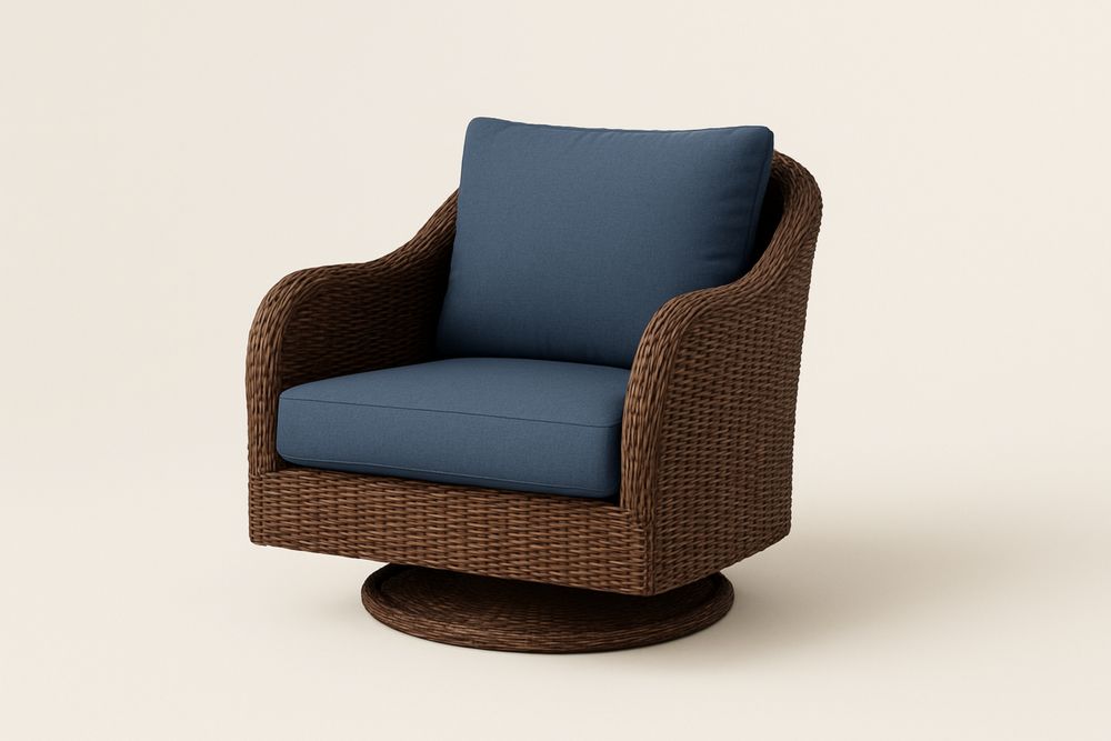 Barna PE műrattan forgatható kerti fotel kék poliészter párnával, 85×80×90 cm