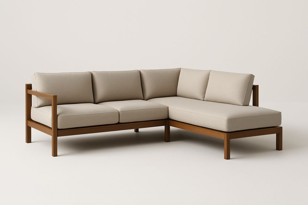 Természetes barna akácfa kerti sarokkanapé bézs poliészter párnákkal, 275×180×78 cm