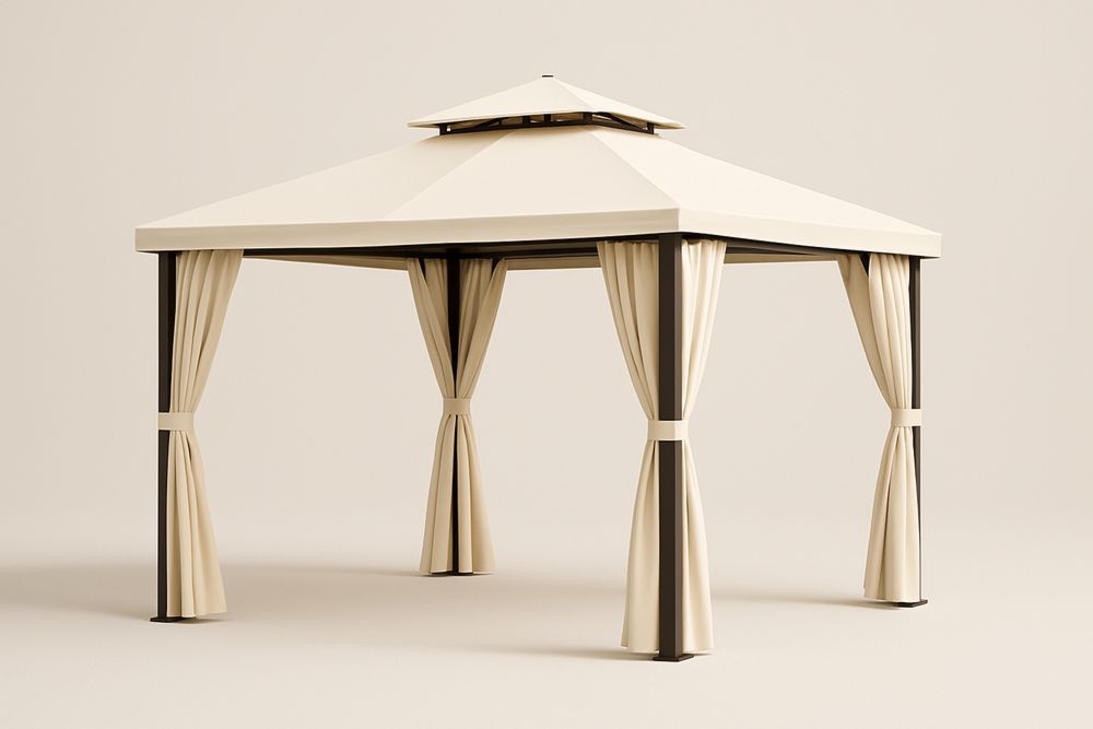 Fekete acélvázas kerti pavilon bézs poliészter tetővel és függönnyel, 300×300×260 cm, összeszerelést igényel