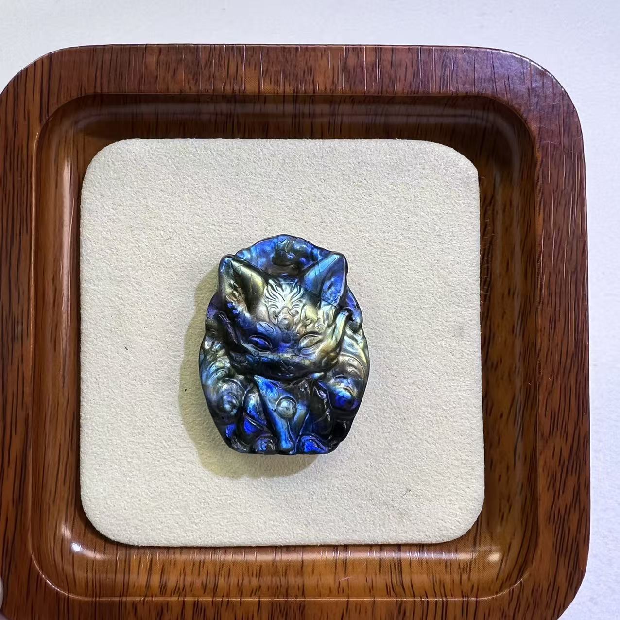 One-of-a-Kind Natural Labradorite Baby Kitsune Pendant, Ultra Flashy Blue Sheen Crystal, Hand-Carved Cute Nine-Tailed Fox Talisman, Luck & Protection Amulet