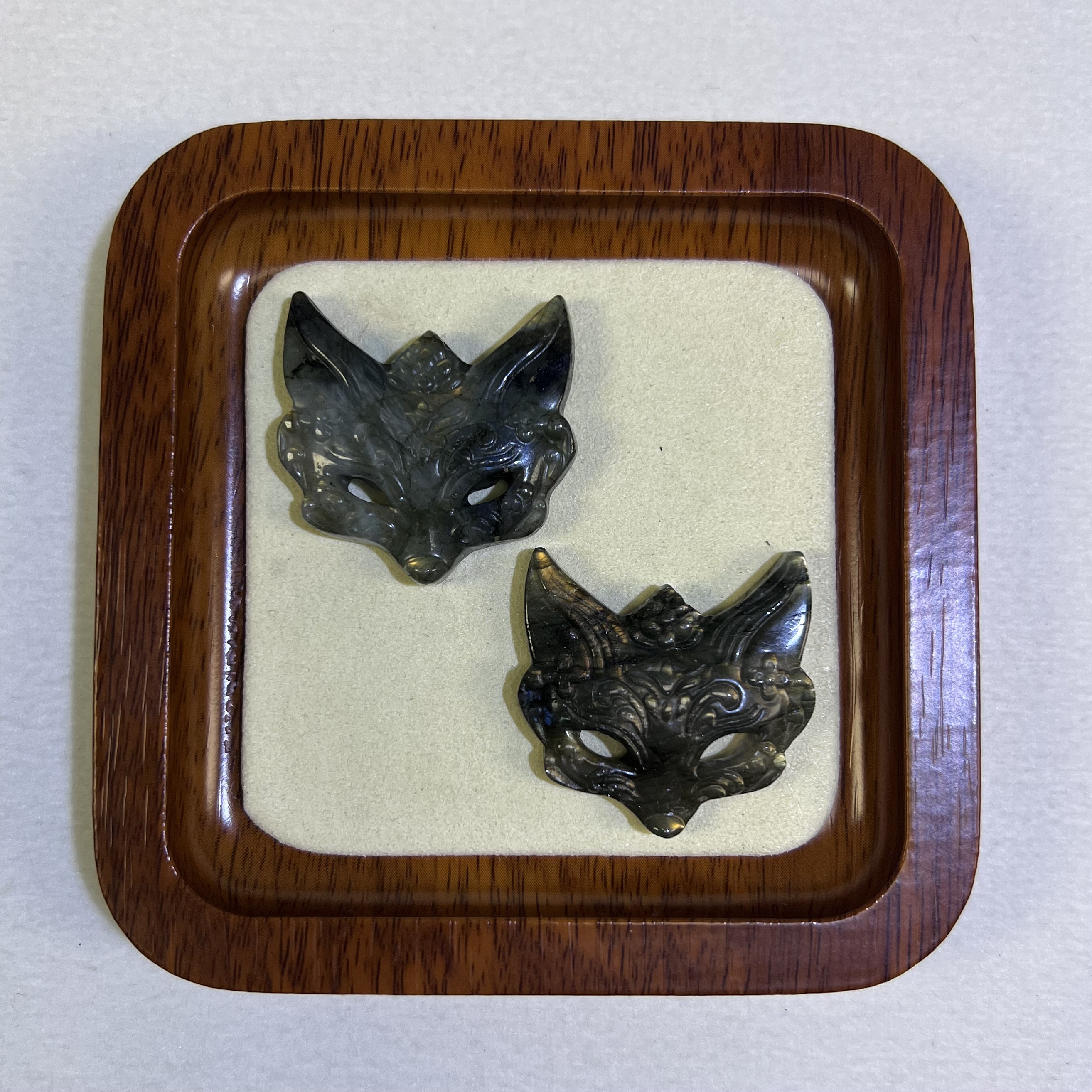 One-of-a-Kind Natural Labradorite Kitsune Mask Pendant Set, Ultra Flashy Sheen Crystal, Hand-Carved Mystical Fox Talisman, Luck & Protection Amulet (2-Pack)