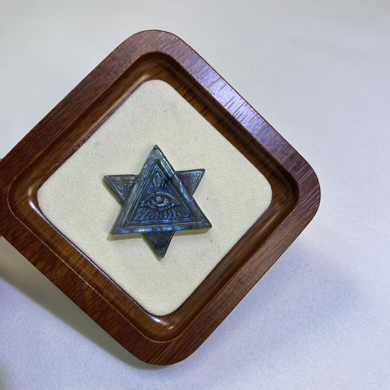 One-of-a-Kind Natural Labradorite Hexagram with All-Seeing Eye Pendant, Ultra Flashy Blue Sheen Crystal, Mystical Protection & Insight Talisman, Hand-Carved Spiritual Jewelry