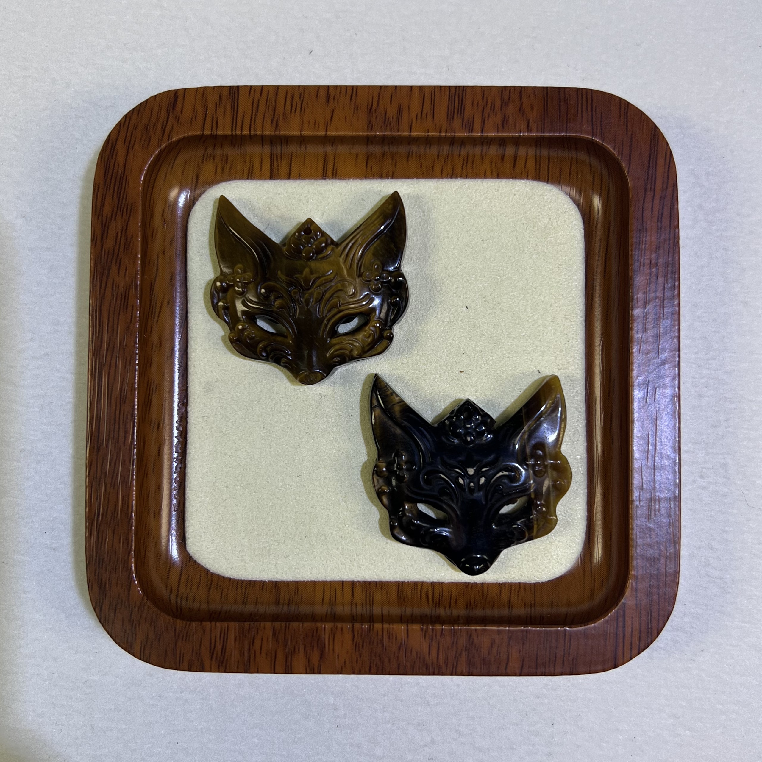 One-of-a-Kind Natural Tiger's Eye Kitsune Mask Pendant Set, Ultra Flashy Golden Sheen Crystal, Hand-Carved Mystical Fox Talisman, Luck & Protection Amulet