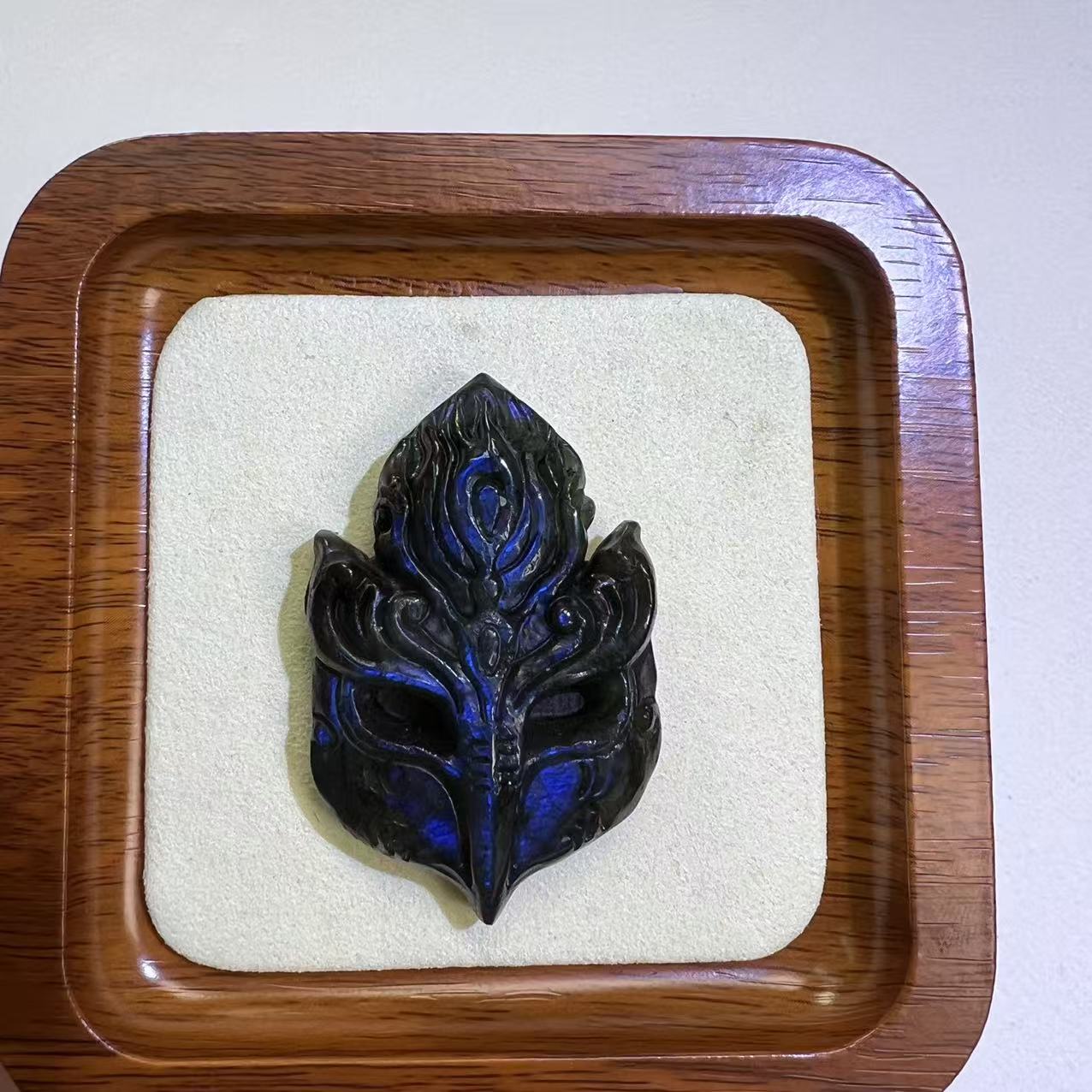 One-of-a-Kind Natural Labradorite Fox Mask Pendant, Ultra Flashy Blue Sheen Crystal, Hand-Carved Mystical Kitsune Talisman, Healing & Protection Amulet