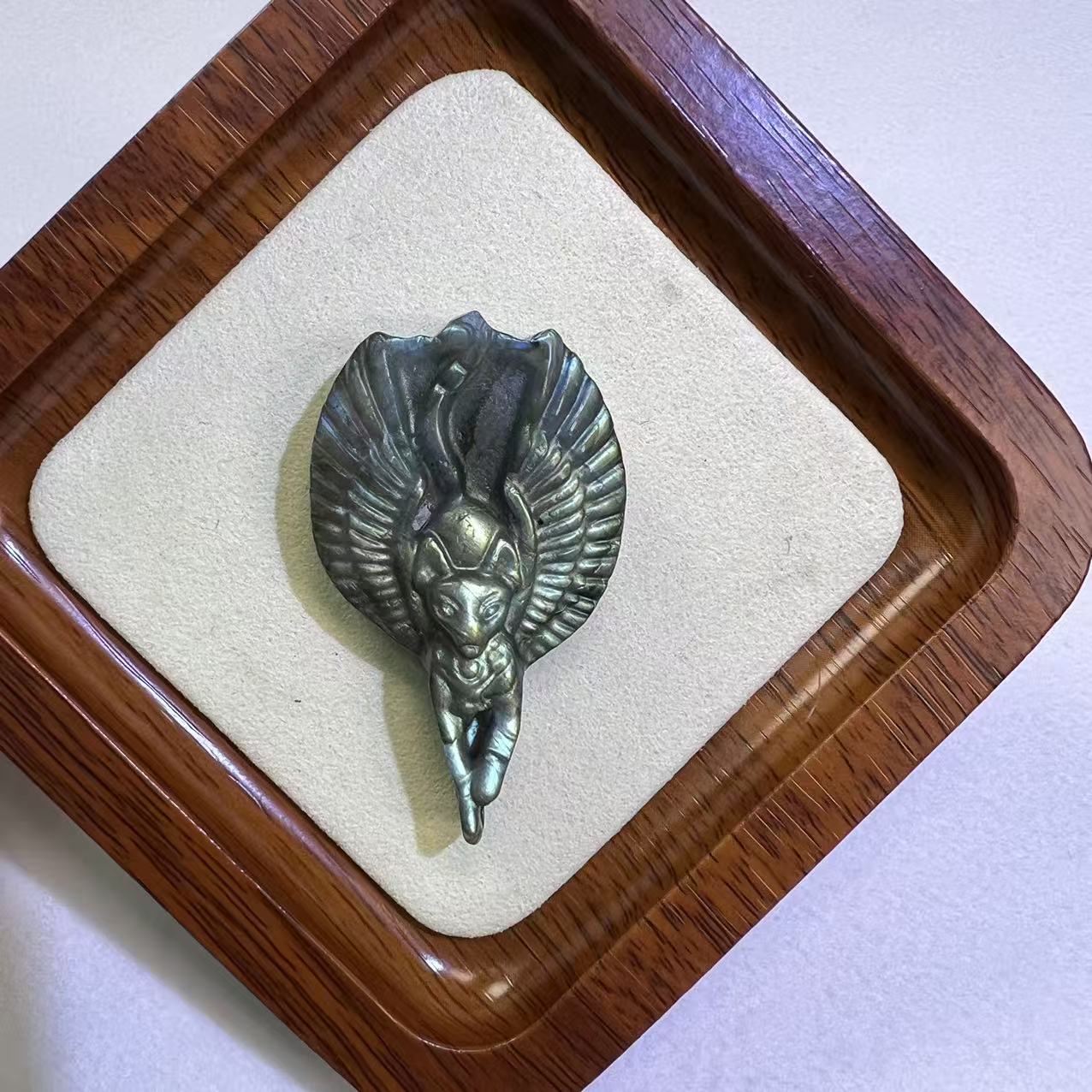 One-of-a-Kind Natural Labradorite Winged Kitsune Pendant, Ultra Flashy Blue Sheen Crystal, Hand-Carved Mythical Fox Talisman, Luck & Protection Amulet