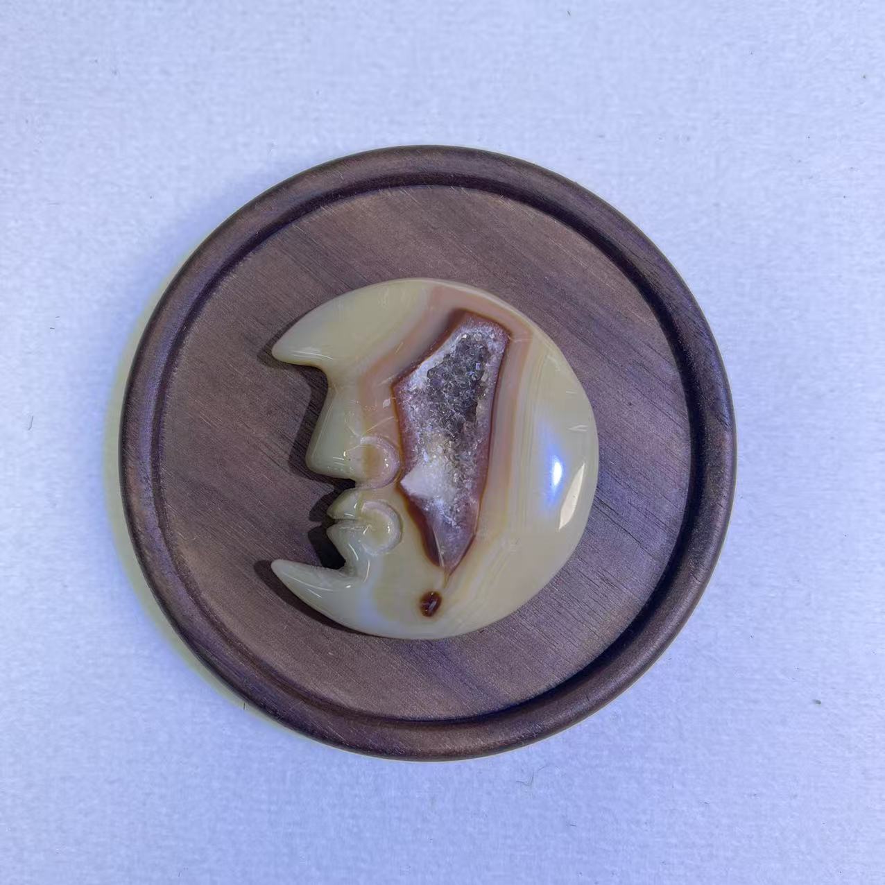 One-of-a-Kind Natural Agate Druzy Moon Face Carving, Sparkly Crystal Geode Decor, Mystical Lunar Healing Stone, Hand-Carved Crescent Moon Talisman