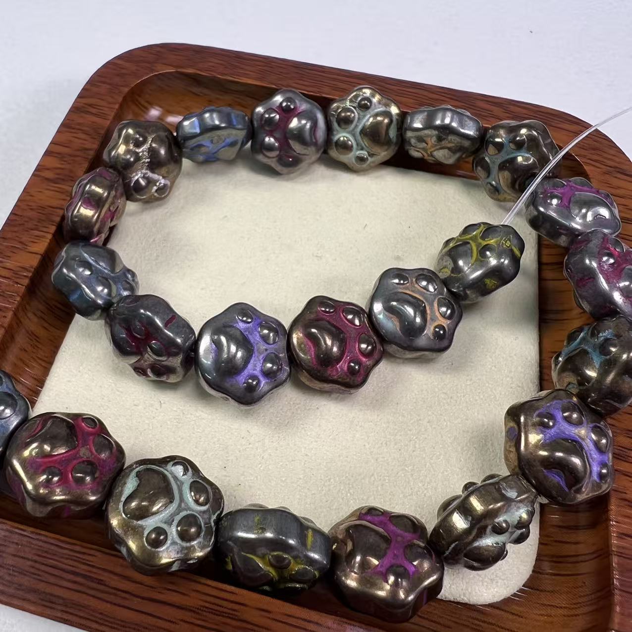 Cute Enamel Cat Paw Hematite Bracelet, Animal Print Beaded Jewelry, Grounding & Protection Healing Stone, Unique Boho Stretch Bracelet