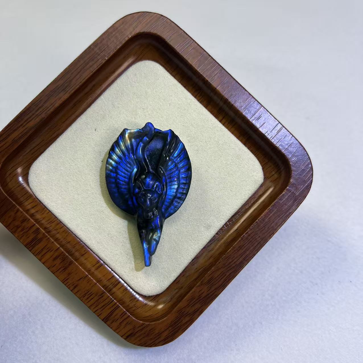 One-of-a-Kind Natural Labradorite Winged Kitsune Pendant, Ultra Flashy Blue Sheen Crystal, Hand-Carved Mythical Fox Talisman, Luck & Protection Amulet