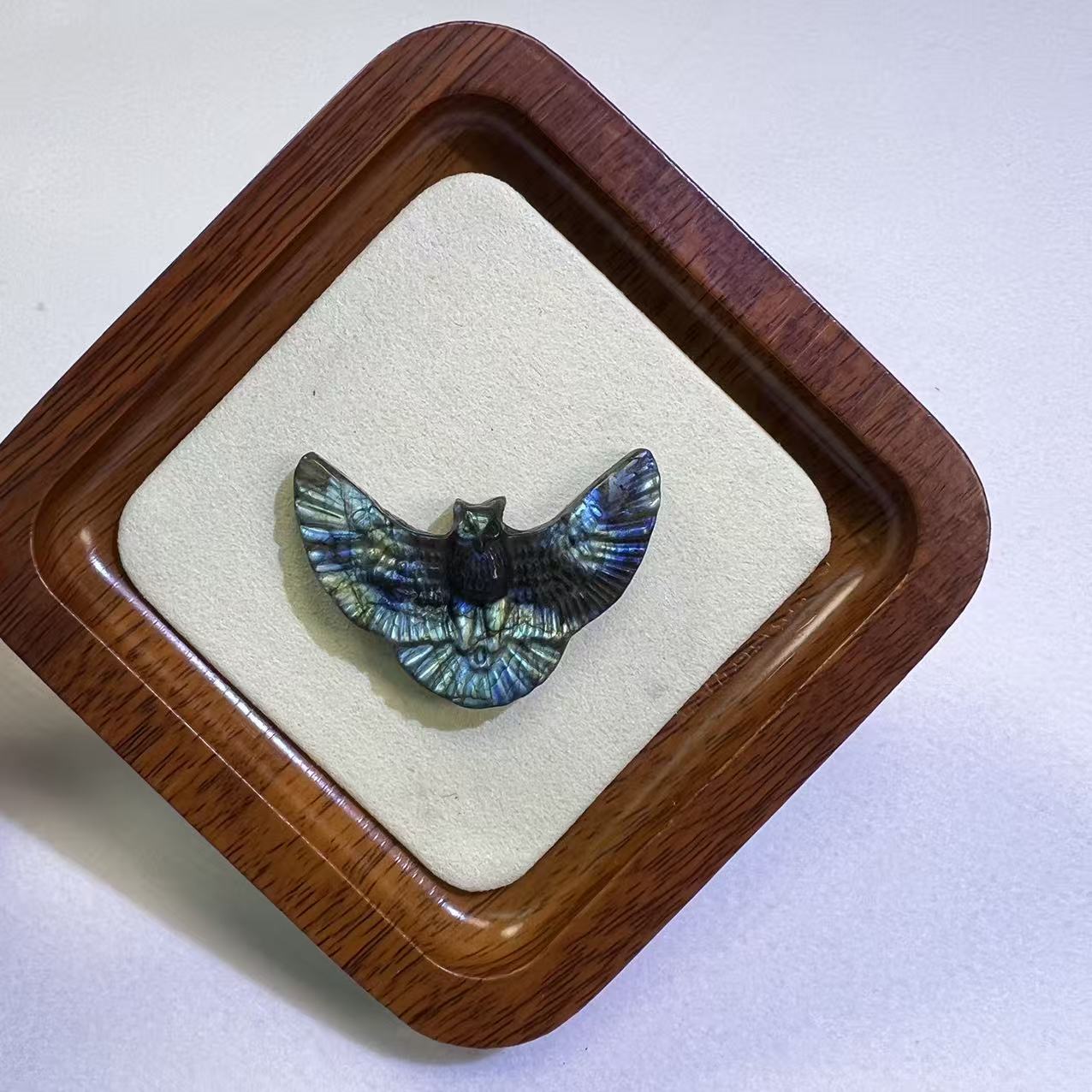 One-of-a-Kind Natural Labradorite Flying Owl Pendant, Ultra Flashy Blue Sheen Crystal, Hand-Carved Mystical Bird Talisman, Wisdom & Protection Amulet