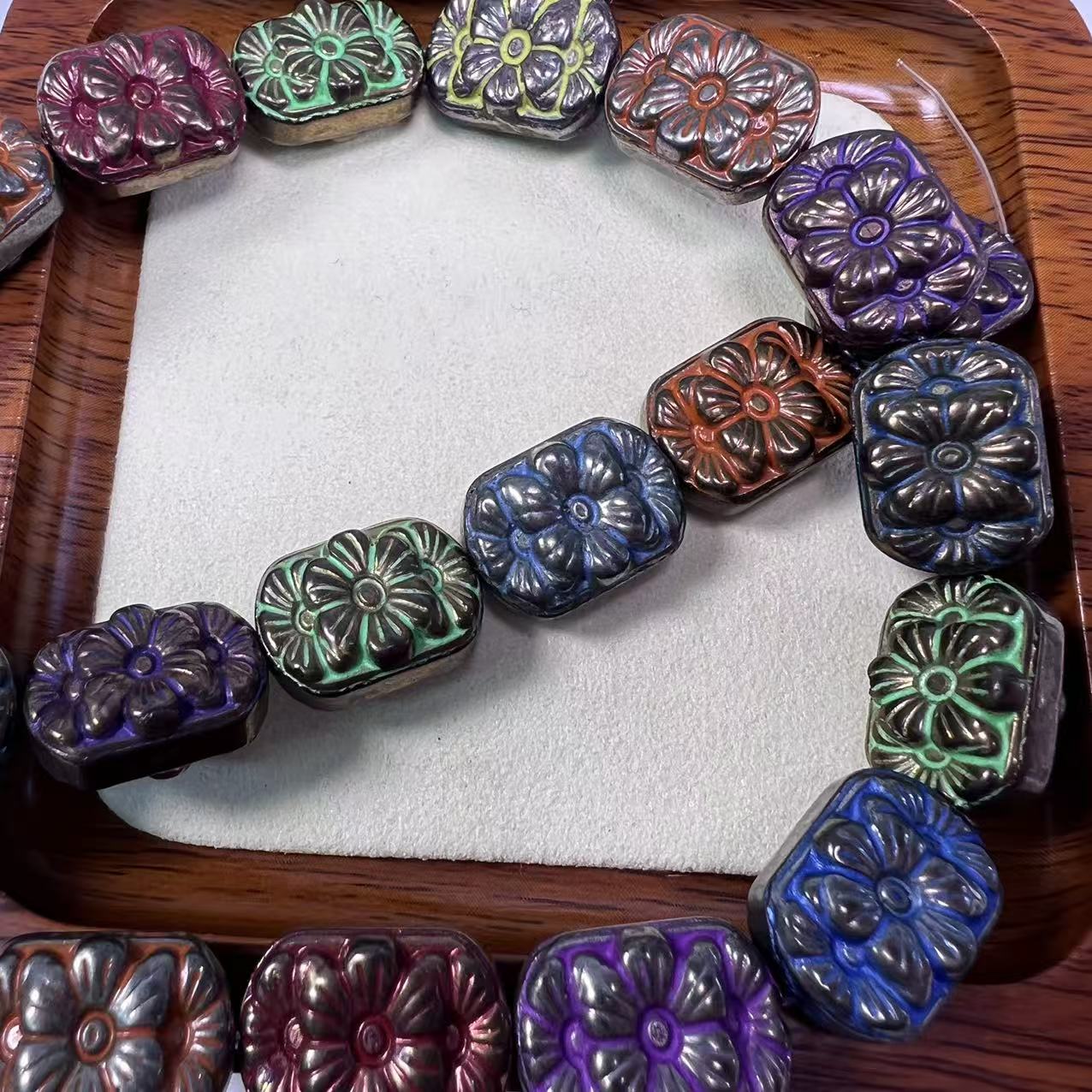Colorful Enamel Flower Carved Hematite Bracelet, Vintage Floral Pattern Beaded Jewelry, Grounding & Protection Healing Stone, Boho Unique Stretch Bracelet