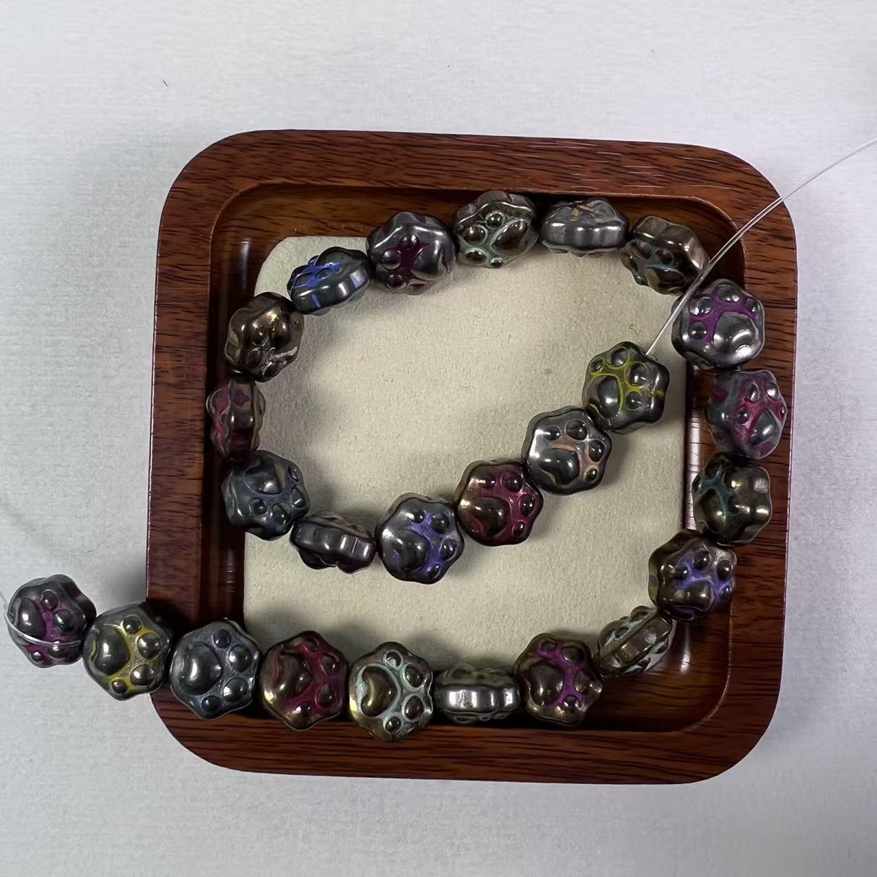 Cute Enamel Cat Paw Hematite Bracelet, Animal Print Beaded Jewelry, Grounding & Protection Healing Stone, Unique Boho Stretch Bracelet