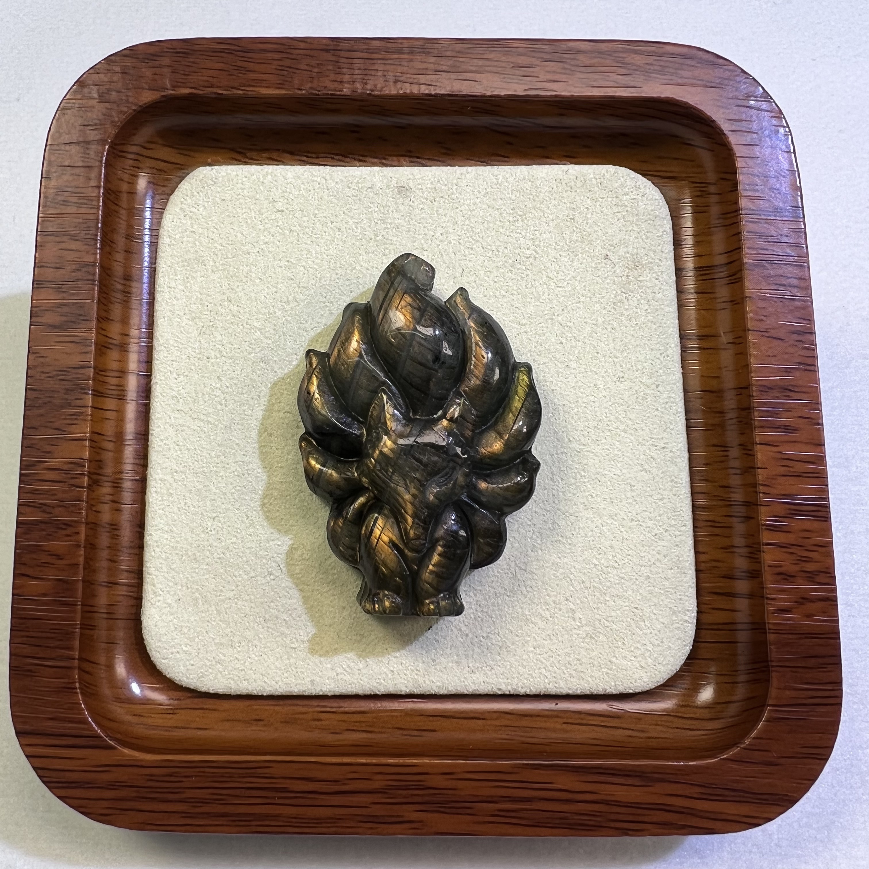 One-of-a-Kind Natural Gold Sheen Crystal Nine-Tailed Fox Pendant, Hand-Carved Flashy Golden Talisman, Mystical Kitsune Protection Amulet, Healing Crystal Jewelry