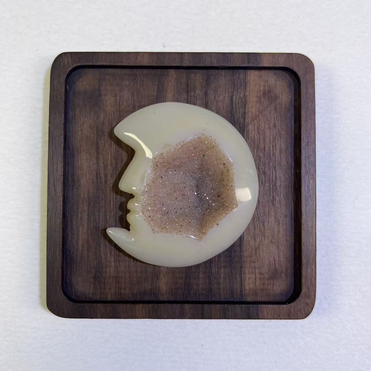 One-of-a-Kind Natural Agate Druzy Moon Face Carving, Sparkly Crystal Geode Decor, Mystical Lunar Healing Stone, Hand-Carved Crescent Moon Talisman