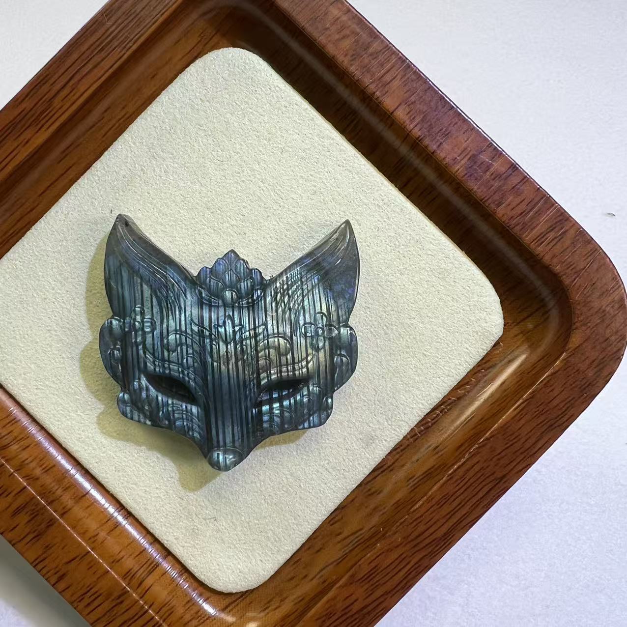 One-of-a-Kind Natural Labradorite Fox Mask Pendant, Ultra Flashy Blue Sheen Crystal, Hand-Carved Mystical Kitsune Talisman, Healing & Protection Amulet