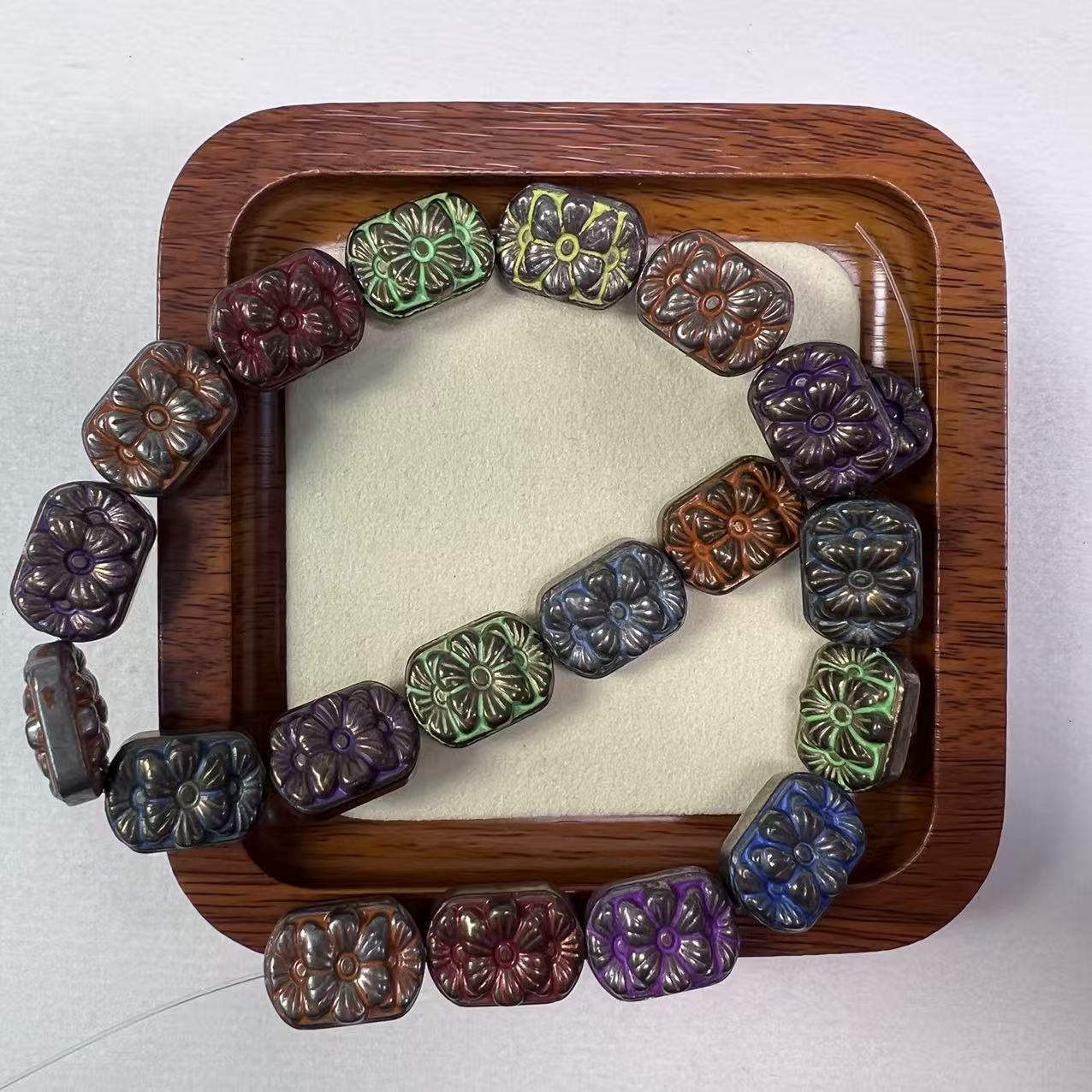 Colorful Enamel Flower Carved Hematite Bracelet, Vintage Floral Pattern Beaded Jewelry, Grounding & Protection Healing Stone, Boho Unique Stretch Bracelet