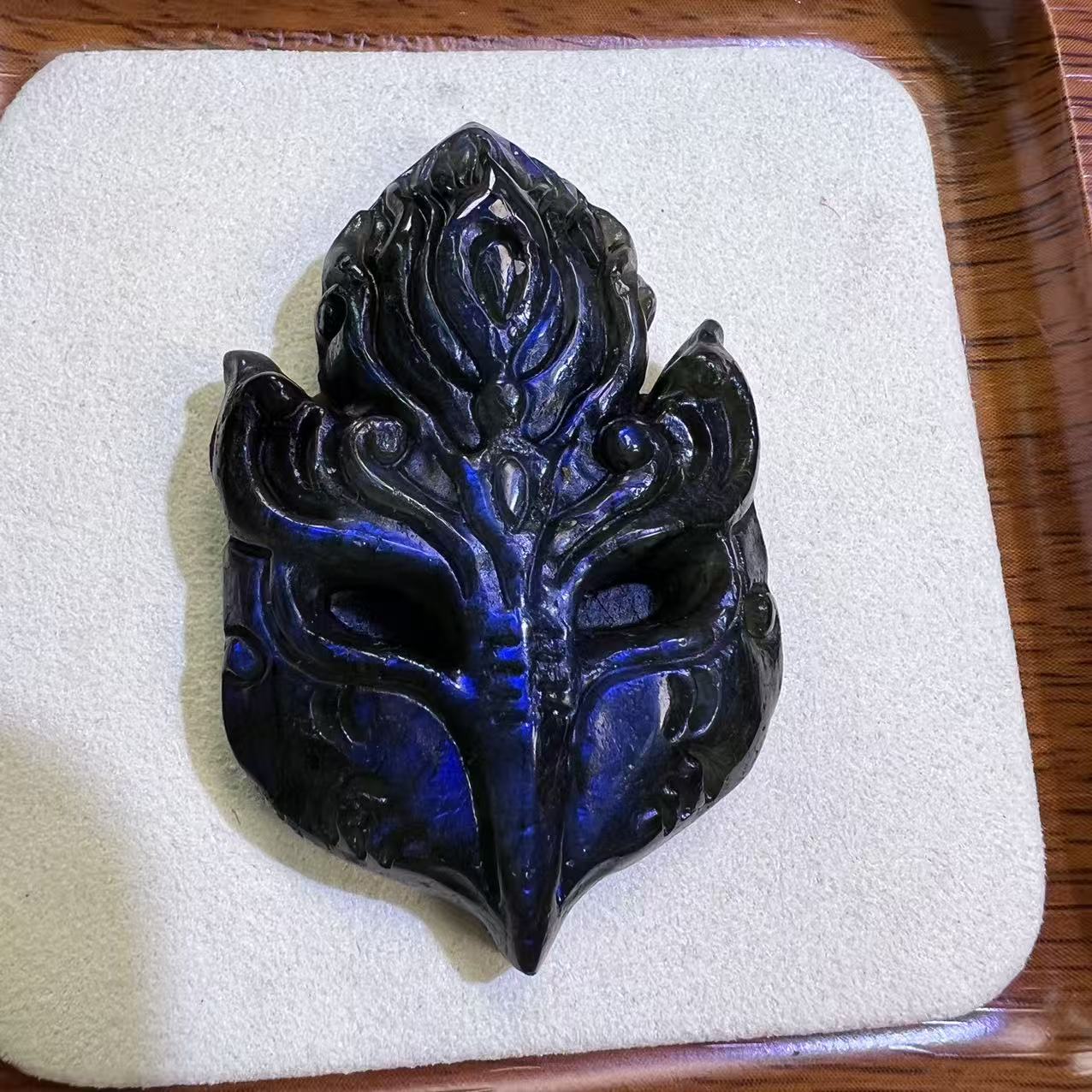 One-of-a-Kind Natural Labradorite Fox Mask Pendant, Ultra Flashy Blue Sheen Crystal, Hand-Carved Mystical Kitsune Talisman, Healing & Protection Amulet
