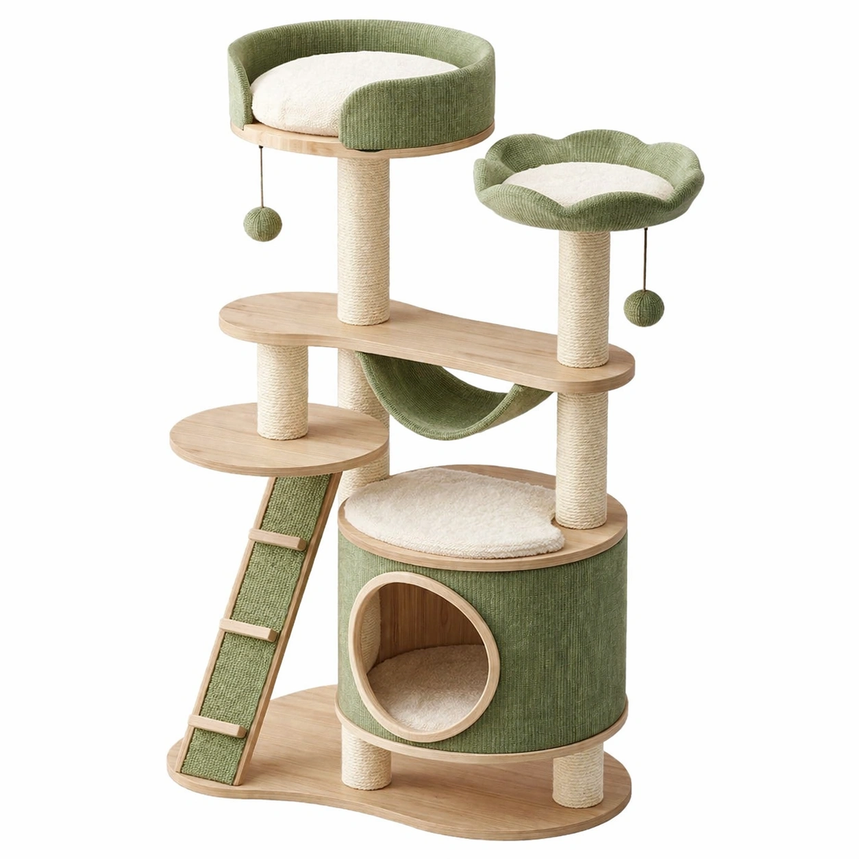Árbol para gatos de madera y tela verde con rascador-Deconira
