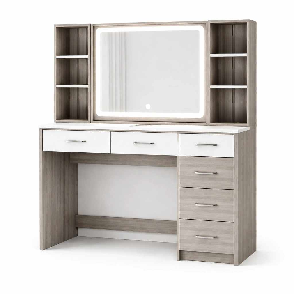 Tocador de madera con espejo LED y cajones melamina-Deconira