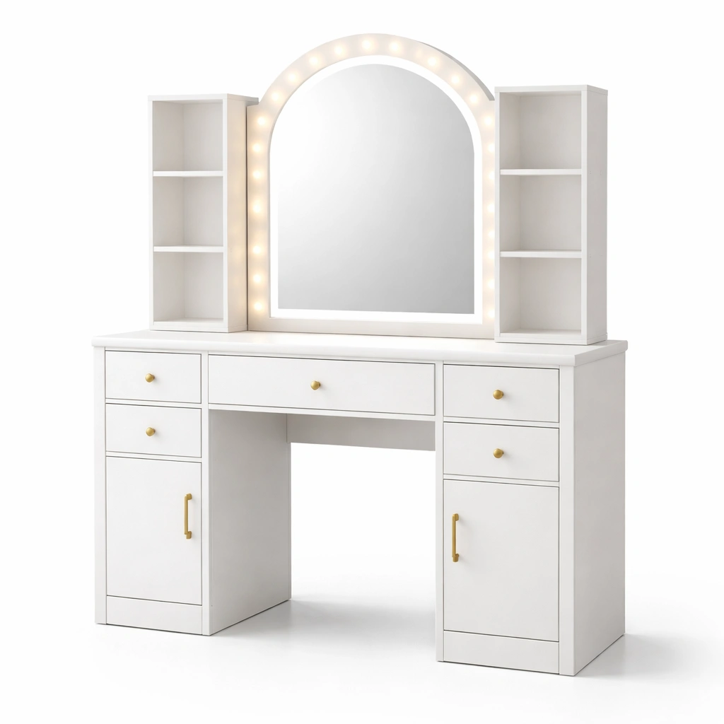 Tocador de MDF con espejo de vidrio templado y LED blanco-Deconira