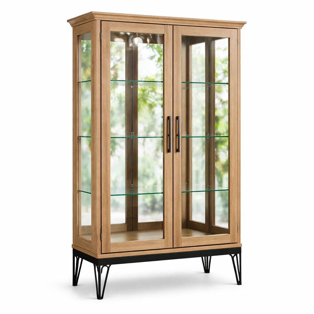 Vitrina de madera y vidrio templado con patas de metal 180x90x40 cm-Deconira