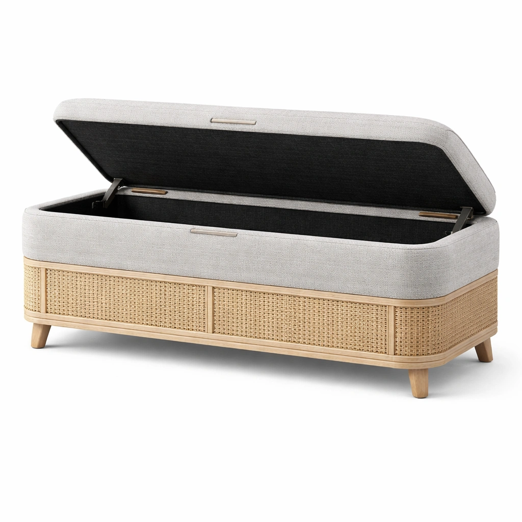 Banco con almacenamiento de lino gris y ratán natural-Deconira