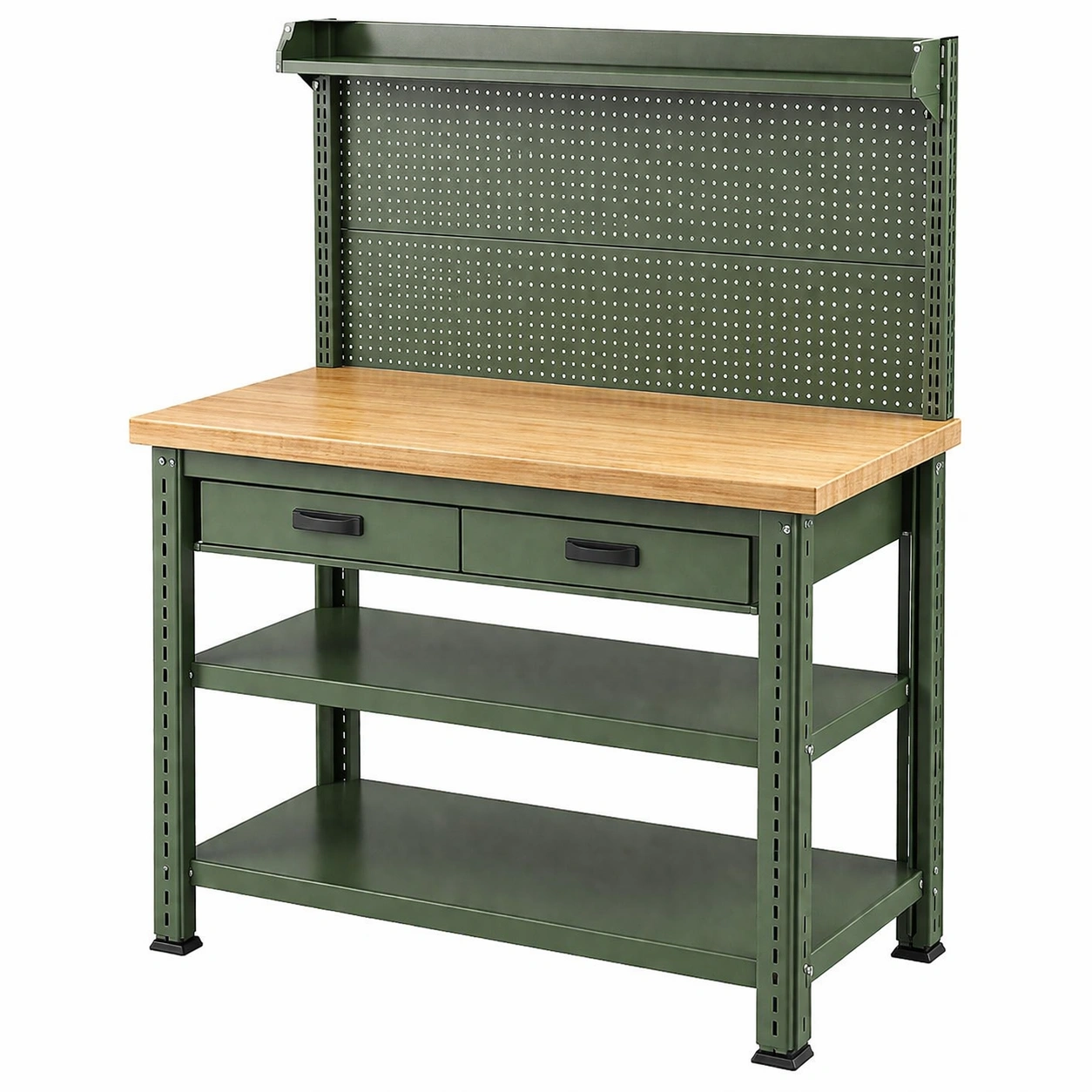 Banco de trabajo de acero con tablero de madera y estantes-Deconira