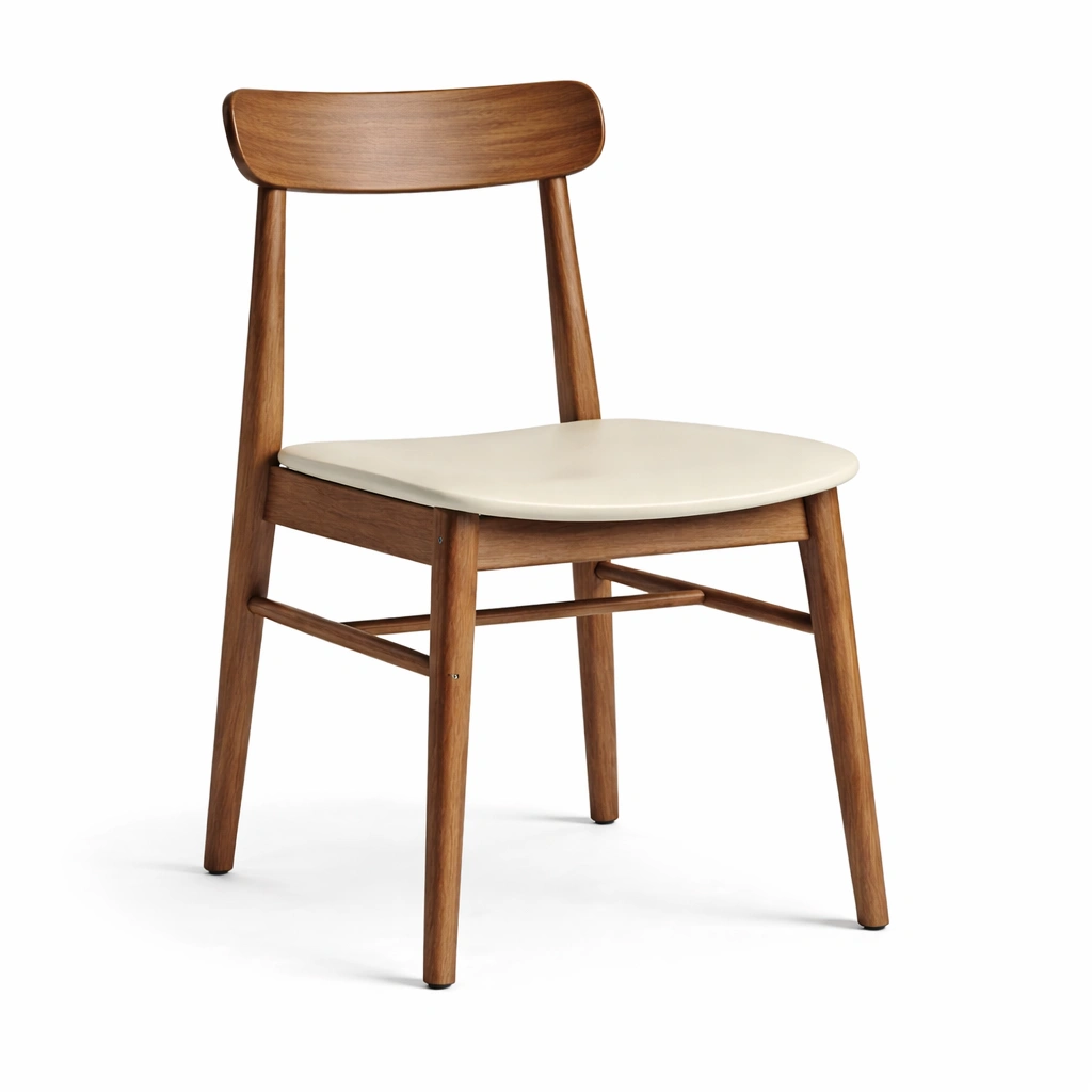 Sedia da pranzo in legno di noce con seduta in ecopelle beige-LIVVETA