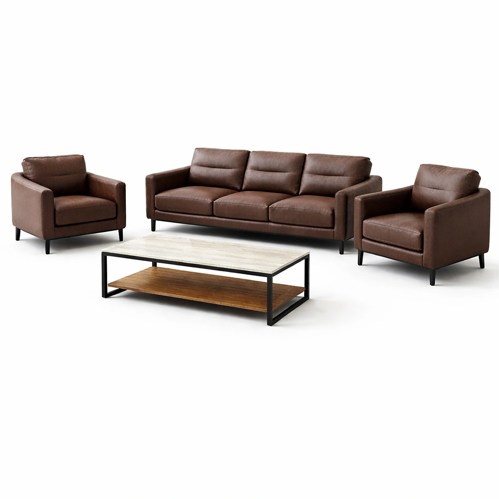 Set di divani in ecopelle marrone con tavolino in legno e metallo-LIVVETA