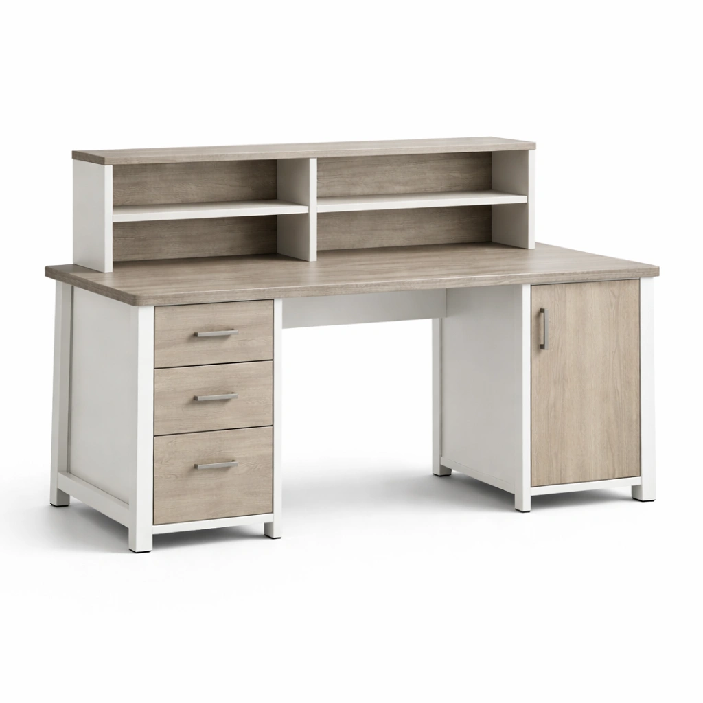 Scrivania in legno composito con ripiani e cassetti rovere chiaro e bianco-LIVVETA