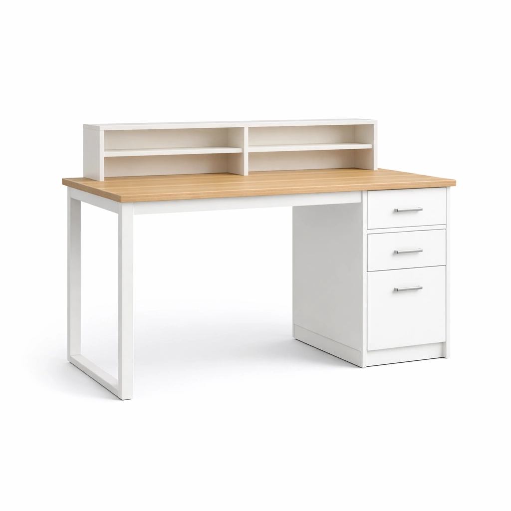 Scrivania in mdf bianco e rovere con ripiani e cassetti-LIVVETA